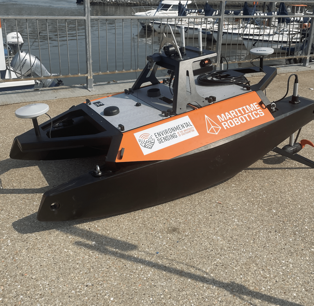 An Autonomous Surface Vehicle with Maritime Robotics and Environmental Sensing at Southampton branding on the side